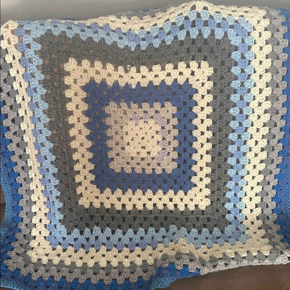 Handmade Crochet Blanket in Blue and Gray